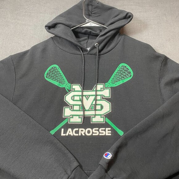 Champion Eco Authentic Black Hoodie MS Lacrosse Print Green Logo Mens Size M - Picture 2 of 12